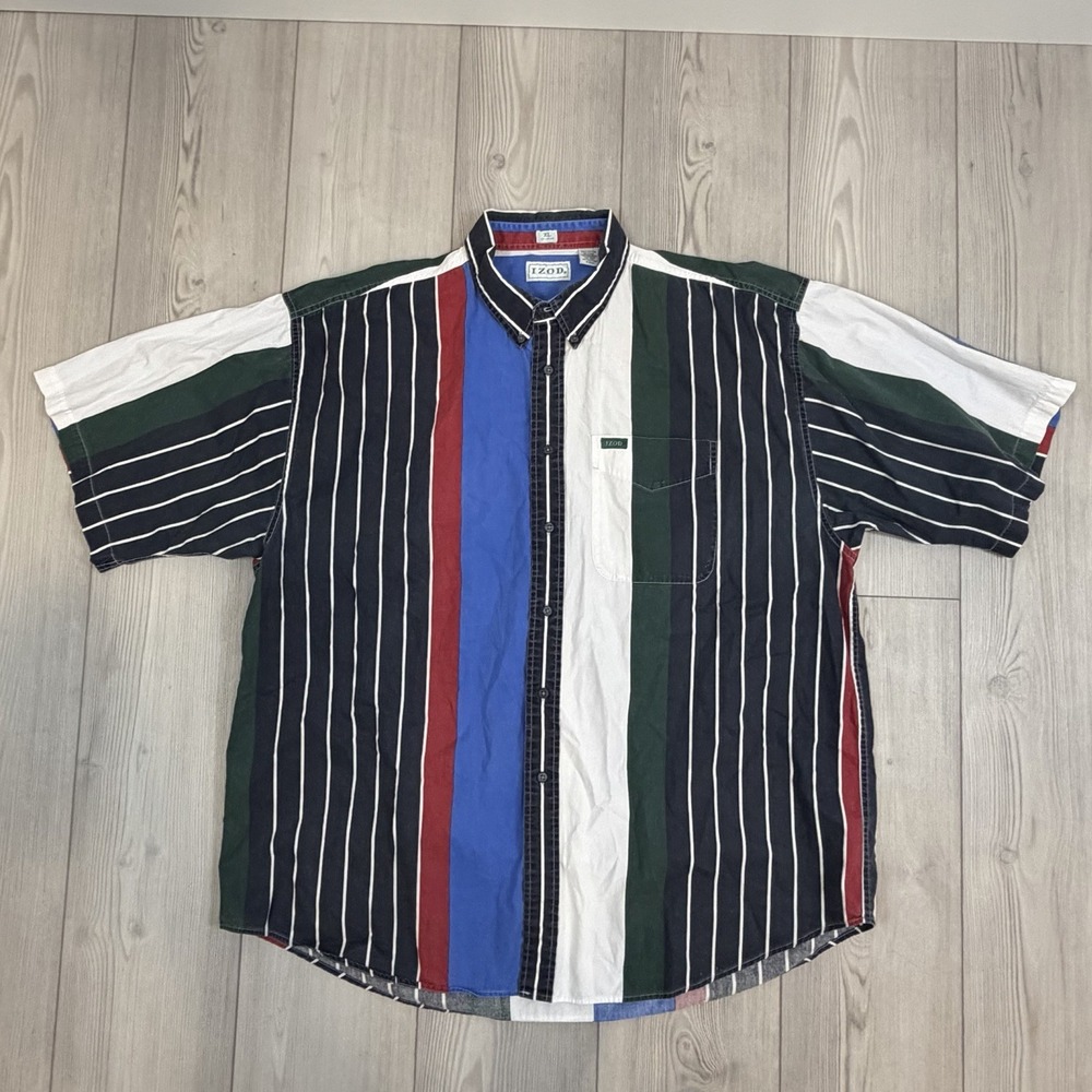 Vintage Izod‎ Shirt Mens XL Blue Green Striped Pocket Short Sleeve Cotton